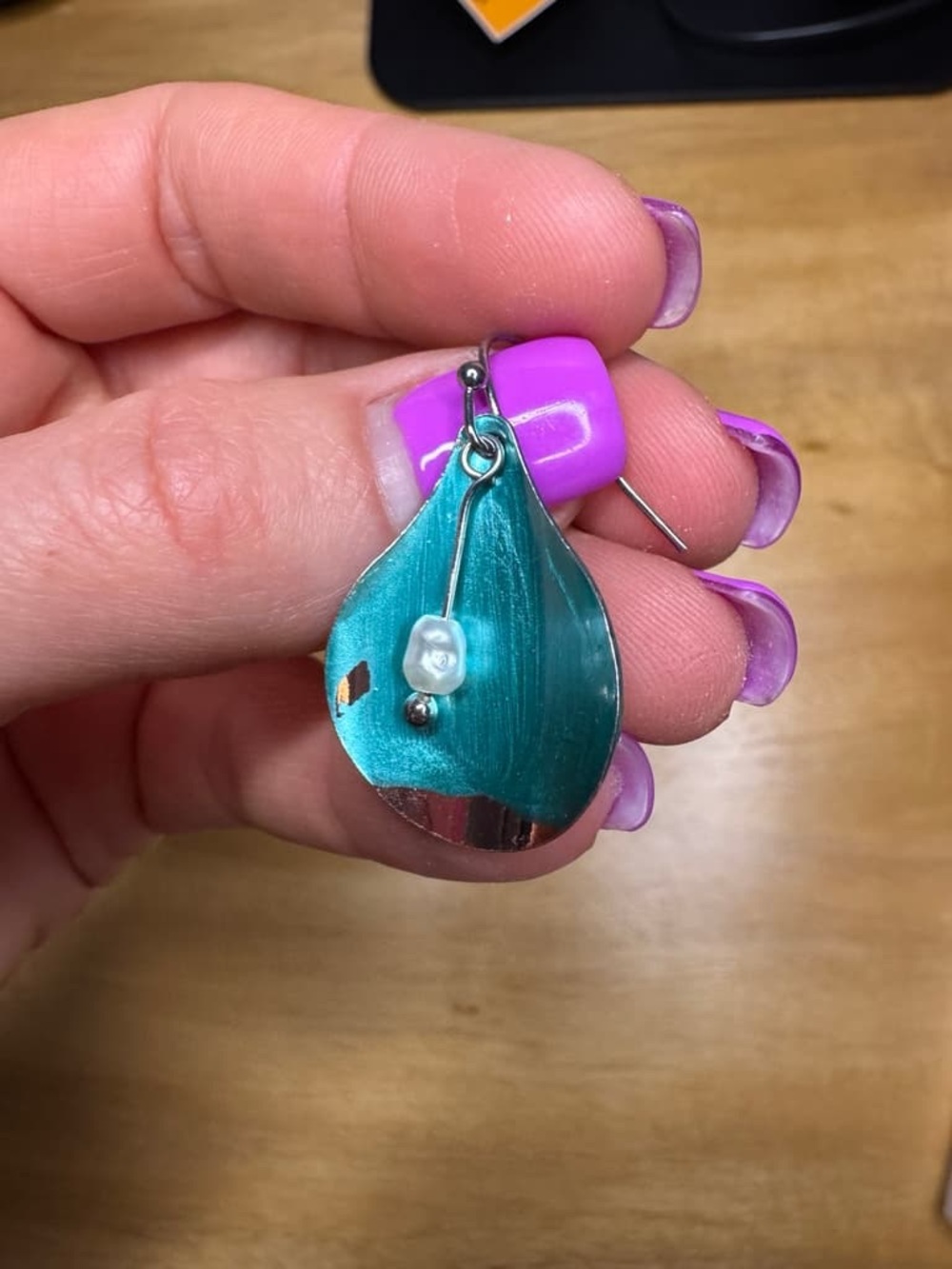 Handmade Teal Shell Drop Earrings with Pearl Accent